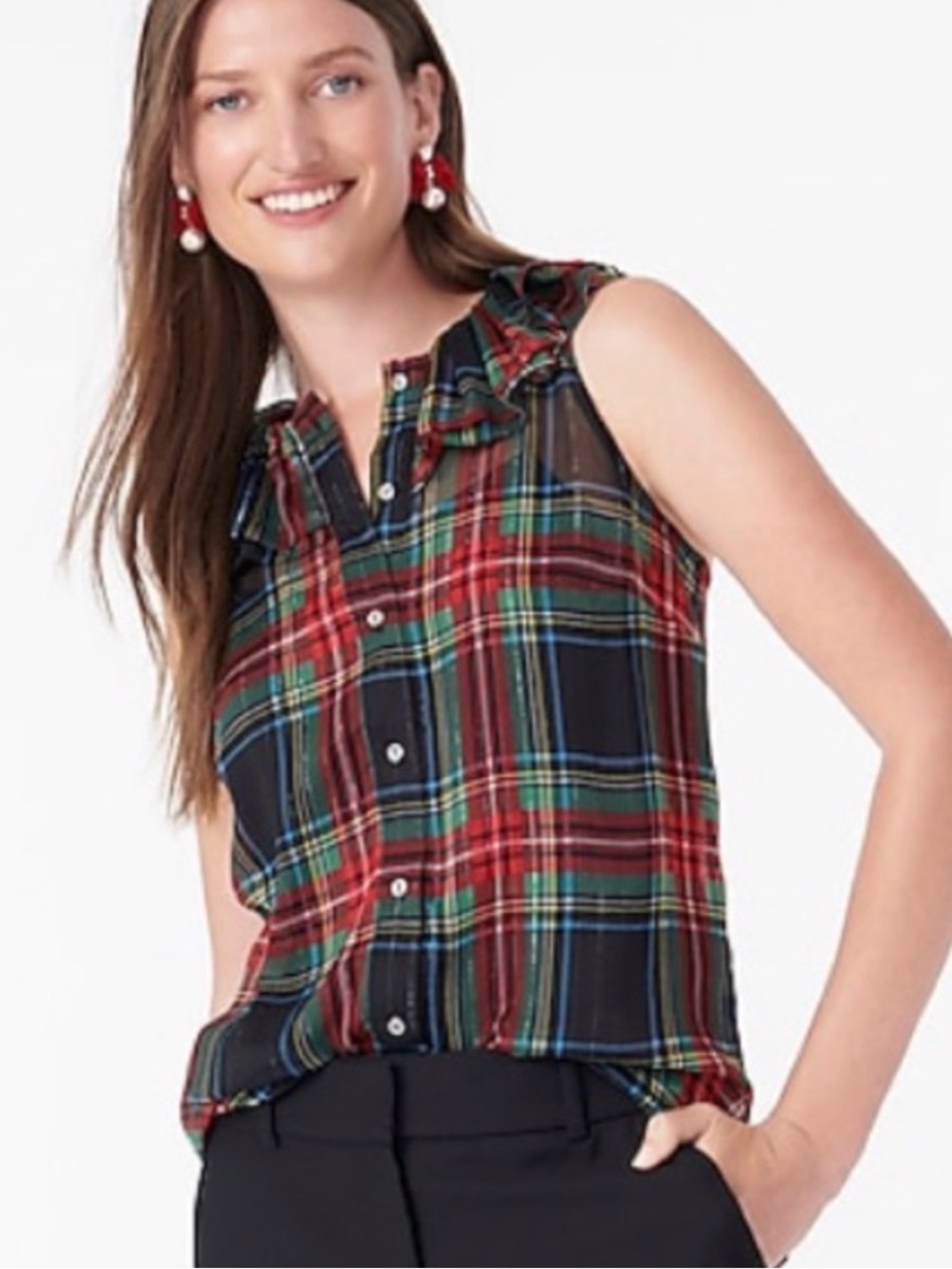 J. Crew Red, Green & Black Plaid Ruffle Button-Front Top